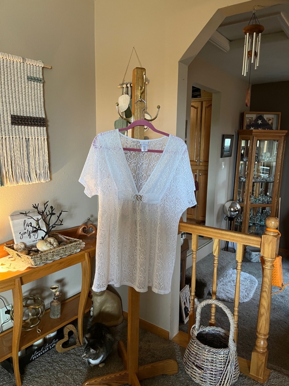Jaclyn Smith White Lace V-Neck Short Sleeve Tunic with Ring Detail